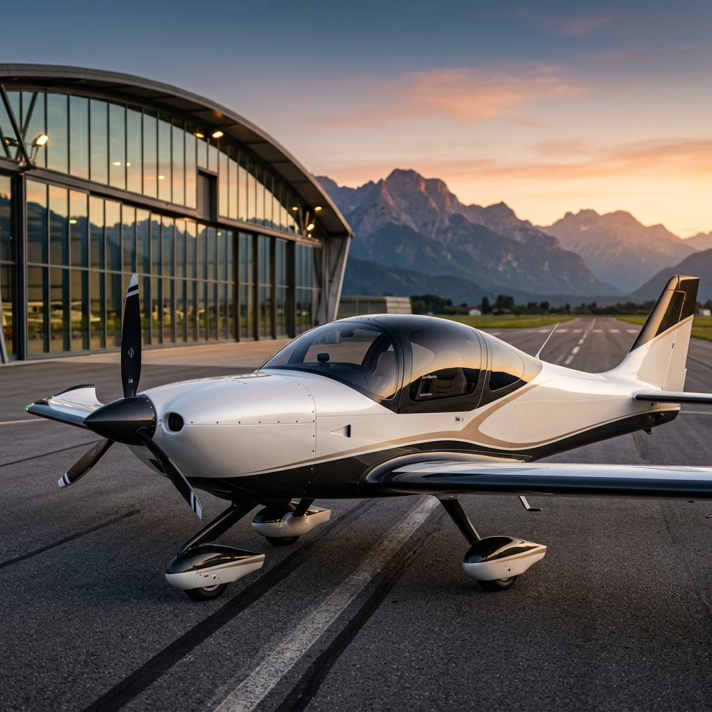 Joey parked on executive runway during golden hour